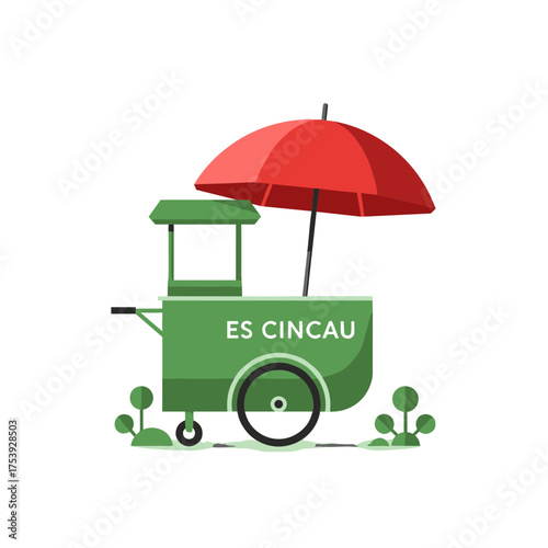 Traditional Indonesian Es Cincau Street Food Cart with a Red Umbrella