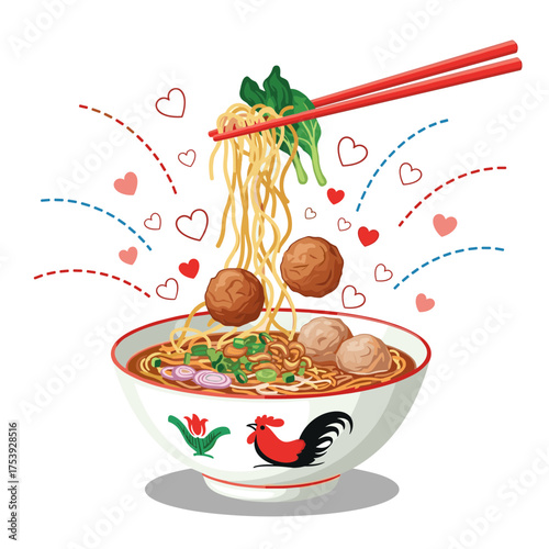 Delicious Bakso Noodles Soup with Meatballs, Loved by Many, Served in a Traditional Rooster Bowl
