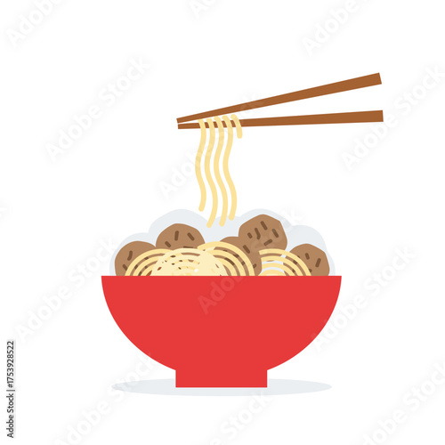 Minimalist Illustration of Noodles with Meatballs Being Picked Up by Chopsticks from a Red Bowl