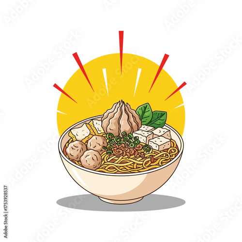Steaming Hot Bakso Noodles Soup with Meatballs, Tofu, and Dumplings on a Vibrant Yellow Background
