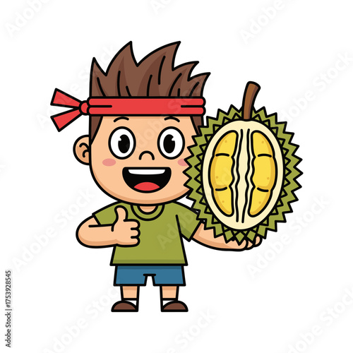 Happy Cartoon Boy Giving Thumbs Up and Holding a Delicious Half-Cut Durian Fruit