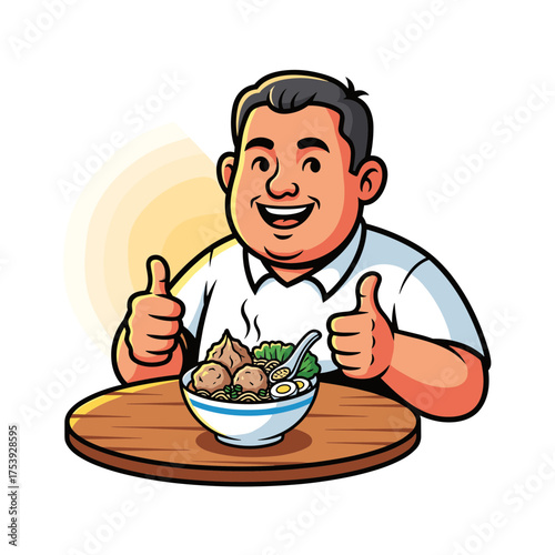 Happy Man Giving Two Thumbs Up, Sitting at Table with Steaming Bowl of Bakso Noodles Soup
