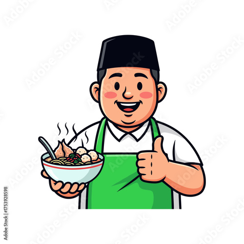 Enthusiastic Muslim Man Chef in Apron Giving Thumbs Up, Holding a Hot Bowl of Bakso Noodles Soup