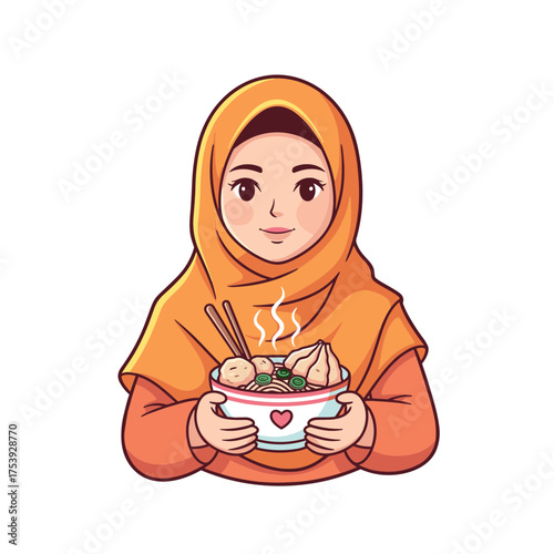 Muslim Woman in Hijab Eating Bakso Noodle Soup with Chopsticks