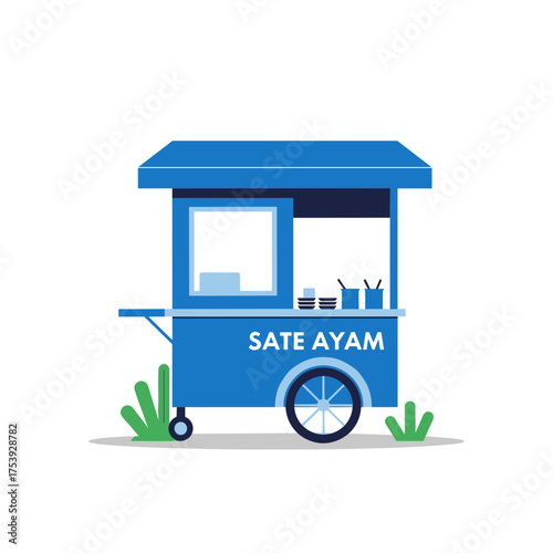 Blue Indonesian Sate Ayam Street Food Cart with Wheels and Serving Area