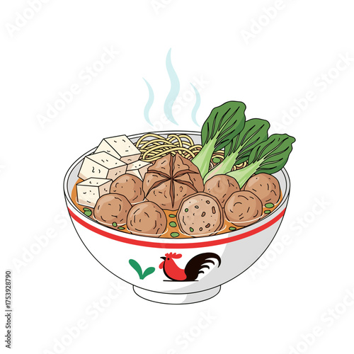 Steaming Indonesian Bakso Noodle Soup with Various Meatballs, Tofu, and Bok Choy