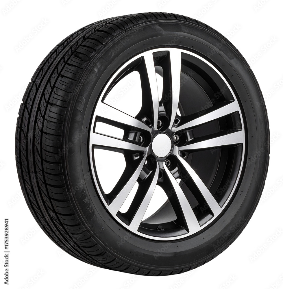 Obraz premium a black car wheel with silver rim isolated on white background