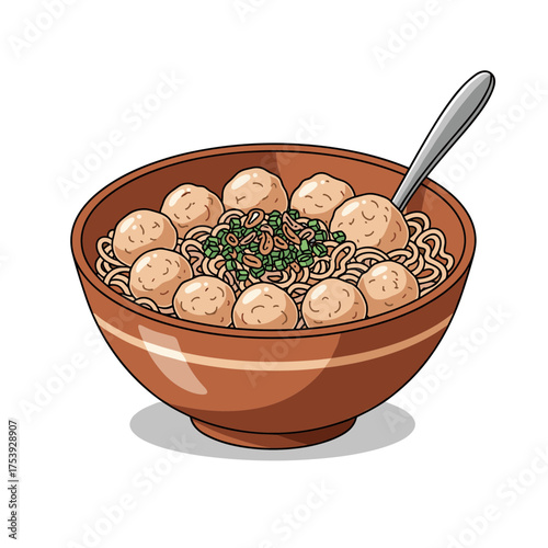 Appetizing bowl of Bakso, Indonesian meatball and noodle soup, served with a spoon, vector illustration.