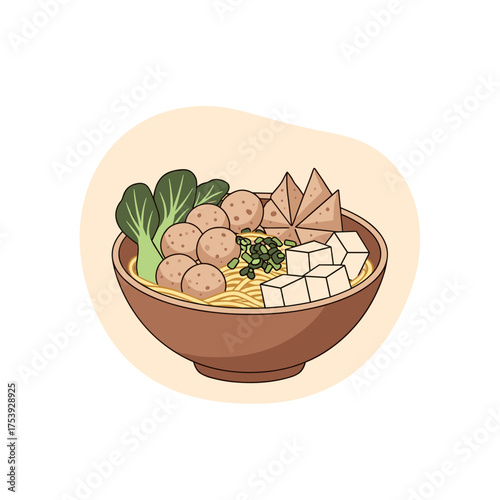 Hearty bowl of Bakso with noodles, bok choy, tofu, and savory toppings, Indonesian culinary illustration.