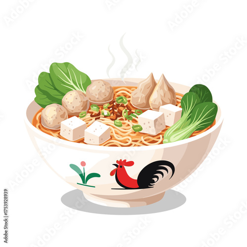 Steaming hot bowl of Bakso with noodles, meatballs, tofu, bok choy, and a classic chicken logo on the bowl, vector illustration.