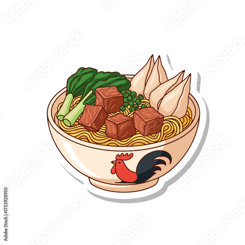 Delicious bowl of Bakso with noodles, meat cubes, bok choy, and dumplings, featuring a classic chicken logo on the bowl, vector illustration.