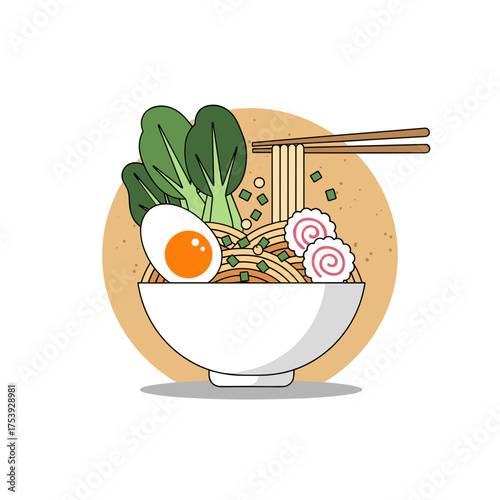 Vibrant Japanese ramen bowl featuring noodles, soft-boiled egg, bok choy, narutomaki, and chopsticks, vector illustration.
