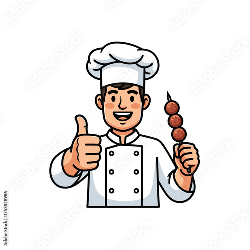 Confident male chef giving a thumbs-up gesture while holding a delicious skewer of bakso meatballs, vector illustration.