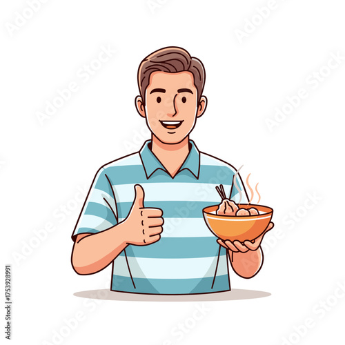 Happy man in a striped shirt giving a thumbs-up, holding a steaming hot bowl of bakso, enjoying his meal.