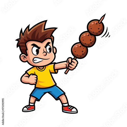 Fierce little boy holding a skewer of bakso meatballs, expressing a playful but angry emotion, cartoon illustration.