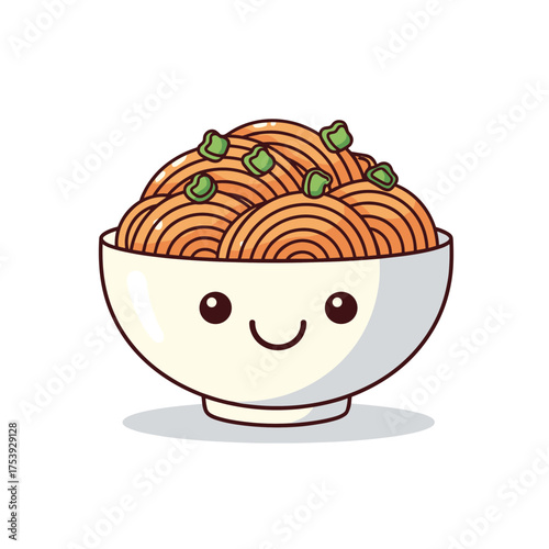 Cute Kawaii Smiley Face Noodle Bowl Illustration with Green Onions