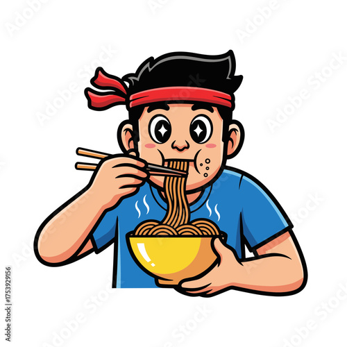 Cartoon Boy Enjoying Hot Noodles with Chopsticks from a Bowl Illustration