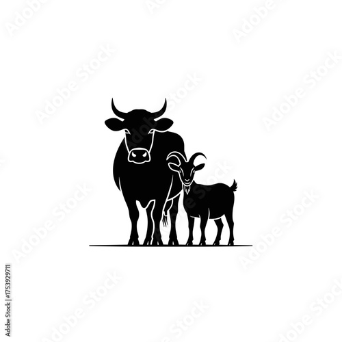 Black Silhouette of a Cow and Goat with Ground Line Illustration