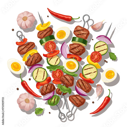 Top View of Grilled Skewers and Ingredients Arranged in a Circle