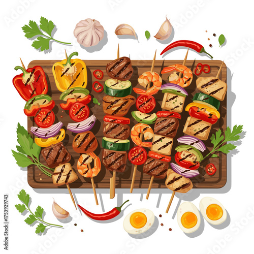 Assortment of Grilled Skewers with Vegetables on a Wooden Board