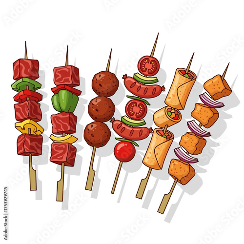 Variety of Upright Skewers with Meat, Sausage, and Vegetables Illustration