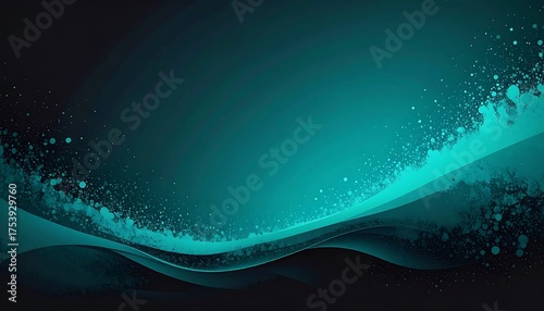 Abstract artistic image, flowing teal, dark gradient, wave-like shapes, and a scattering of white dots