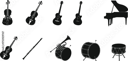 Musical instruments collection, violin, guitar, piano, trumpet, clarinet, drum set, orchestra silhouette design, black vector music illustration concept