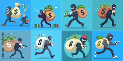 vector illustration set of robber carrying money bag on blue background