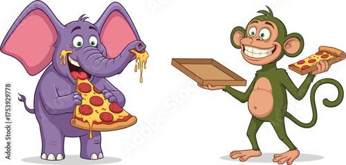 Purple elephant eating pepperoni pizza, green monkey holding pizza box and slice, funny animal illustration, food theme, children’s artwork, playful design