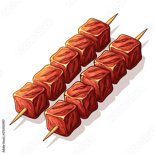 Two Wooden Skewers with Juicy Grilled Beef Cubes Isolated Vector Illustration