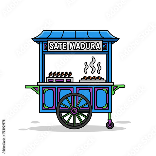 Vibrant Blue and Green Sate Madura Street Food Cart Illustration with Steaming Satay