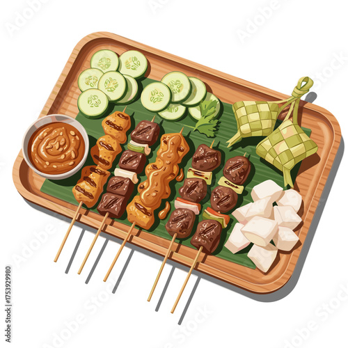 Traditional Indonesian Sate Platter with Various Skewers, Ketupat, Cucumber, and Peanut Sauce Vector