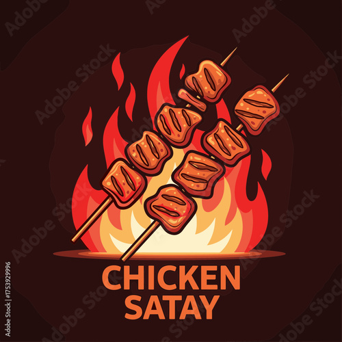 Modern “Chicken Satay” Logo with Stylized Grilled Skewers and Fiery Background Vector