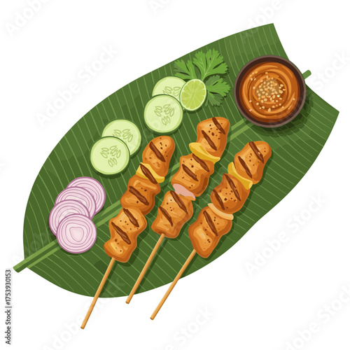 Three Chicken Satay Skewers on Banana Leaf with Peanut Sauce, Cucumber, Red Onions, and Lime Vector