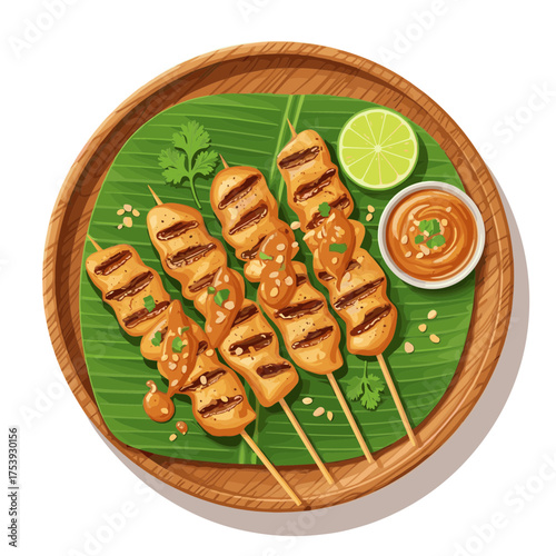 Top View of Delicious Chicken Satay Skewers on Banana Leaf with Peanut Sauce and Lime Vector