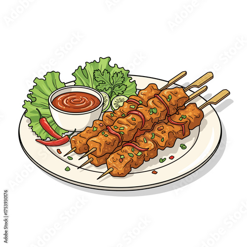 Plate of Delicious Chicken Satay Skewers Served with Chili Sauce and Fresh Lettuce Vector
