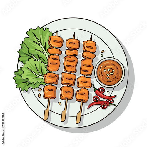 Top View of Chicken Satay Platter with Peanut Sauce, Chili Peppers, and Fresh Lettuce Vector