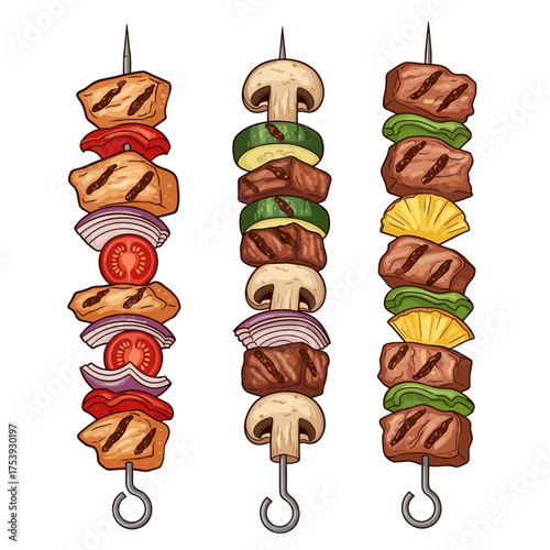 Assorted grilled satay skewers with meat, vegetables, and chicken, ready for a barbecue party.