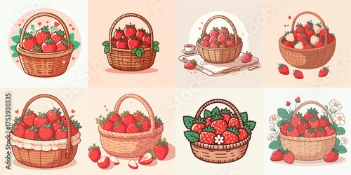 vector illustration of a set of strawberries in a basket