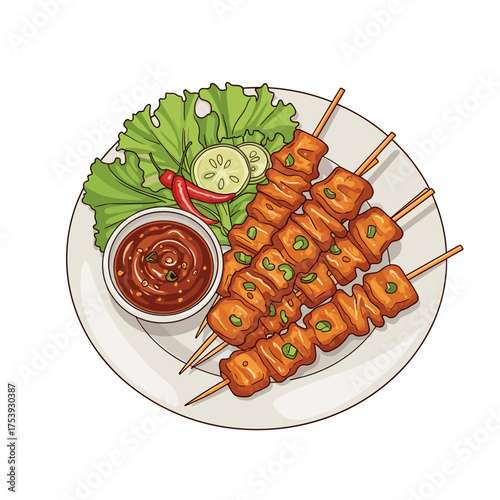 Plate of flavorful grilled satay skewers served with spicy chili sauce, crisp lettuce, and fresh cucumber.