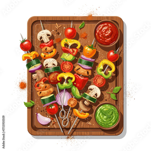 Top-Down View of Assorted Grilled Skewers and Two Dipping Sauces on Wooden Board