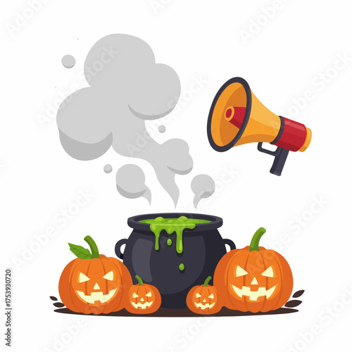 Spooky Halloween Cauldron Bubbling with Green Potion and Jack-o'-Lanterns