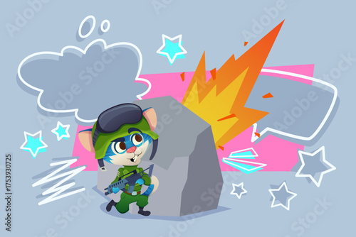 Small cartoon character with green outfit hiding behind rock while holding toy gun. Explosion graphic in background creating exciting scene