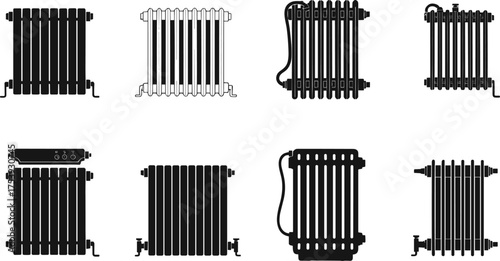 Radiator heater collection, home heating equipment, vintage and modern radiator design, black silhouette, vector illustration, plumbing, temperature control concept