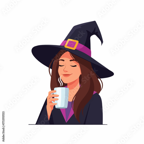 A beautiful young witch in a classic pointed hat smelling a warm, steaming beverage from a mug with a contented smile.
