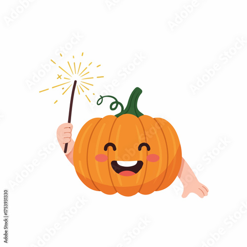 Cute cartoon pumpkin character with a happy smiling face holding a sparkling magic wand.