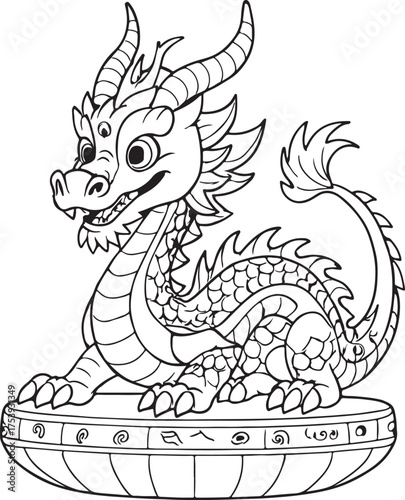 Friendly Fantasy Dragon on Ancient Pedestal Line Art Illustration