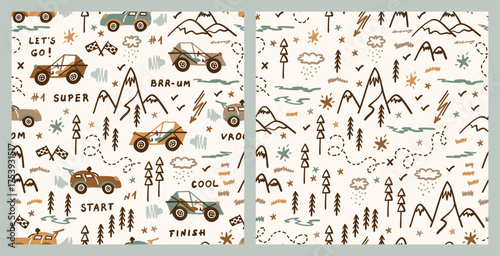 Vector Set of Buggy Car and Highlands Seamless Patterns, Doodle Transportation Background for Kids in Earth Colors with Toy Racing Cars