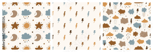 Weather Seamless Patterns Set with Clouds, Rain, Lightning, Moon and Stars, Cute Sky Background for Kids Design