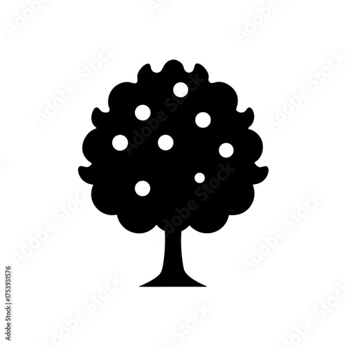 Silhouette of a tree with round objects on transparent background